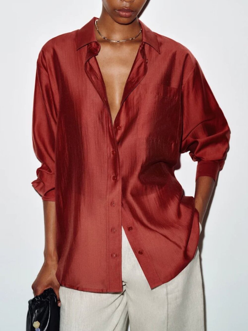 Reformation Eli Oversized Shirt Sheer Red Semi Sheer Quiet Lux Classic